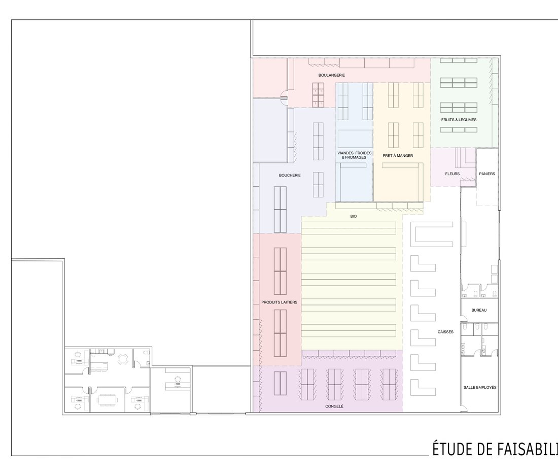 Plan d’étage en couleurs répartissant les aires du bâtiment